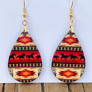 Hand crafted Aztec horses design teardrop dangles